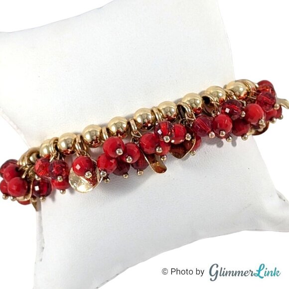 Red & Gold Tone Beaded Cha Cha Style Stretch Bracelet - Picture 1 of 8